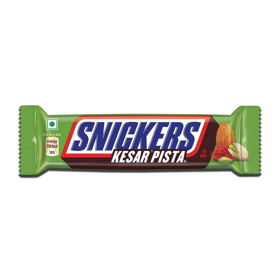 Snickers Kesar Pista Chocolate Bar with pista, kesar, and almonds